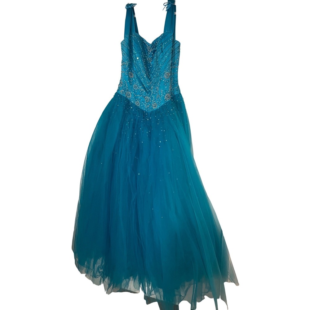 Jessica Designs Intl Turquoise Tulle Beaded Corset Back Ball Gown Prom Dress 14